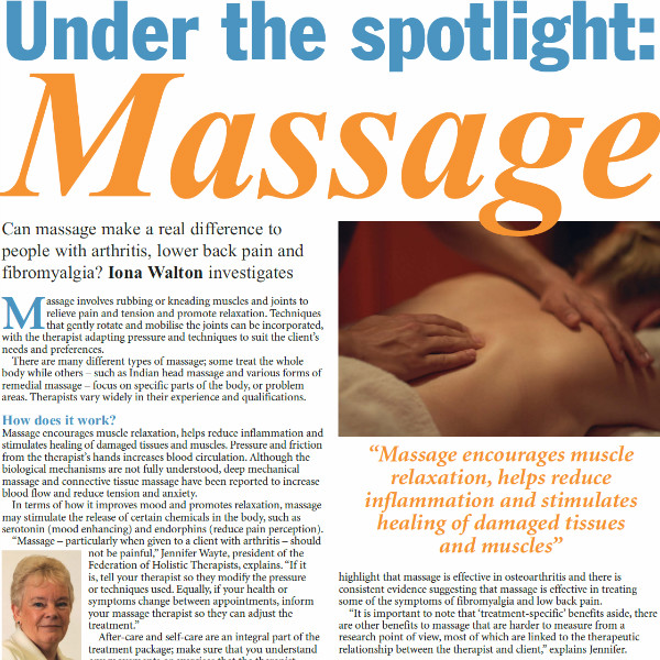 Massage and FHT’s Accredited Register promoted in Arthritis Digest